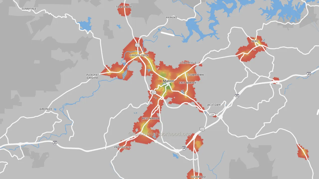 Walk Grade map of 28752, NC, walkable areas in green and car-dependent areas in red