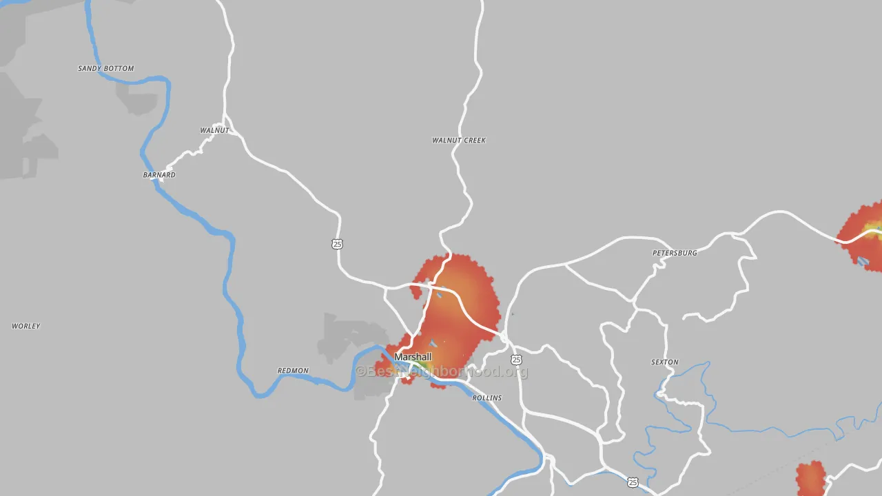 Walk Grade map of 28753, NC, walkable areas in green and car-dependent areas in red