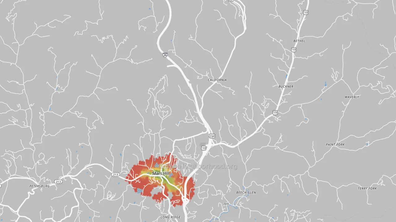 Walk Grade map of 28754, NC, walkable areas in green and car-dependent areas in red