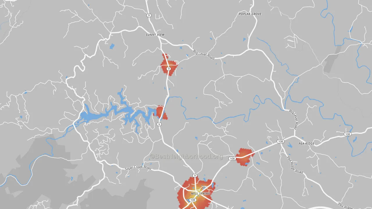 Walk Grade map of 28756, NC, walkable areas in green and car-dependent areas in red