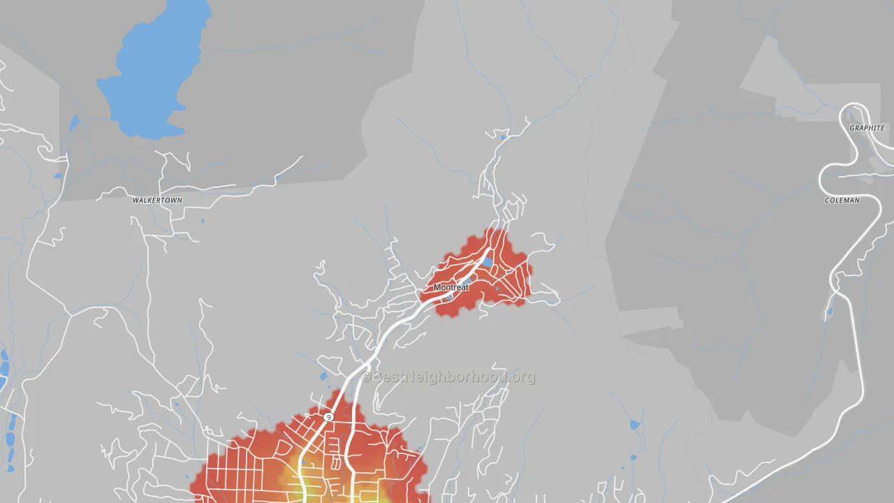 Walk Grade map of 28757, NC, walkable areas in green and car-dependent areas in red