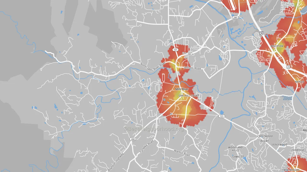 Walk Grade map of 28759, NC, walkable areas in green and car-dependent areas in red