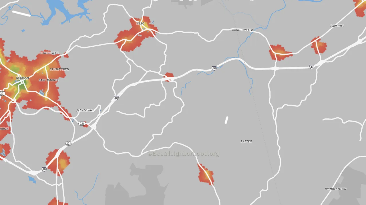 Walk Grade map of 28761, NC, walkable areas in green and car-dependent areas in red