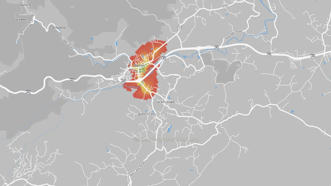 Walk Grade map of 28762, NC, walkable areas in green and car-dependent areas in red