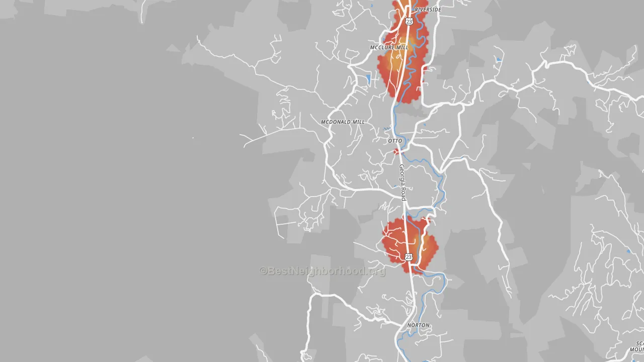 Walk Grade map of 28763, NC, walkable areas in green and car-dependent areas in red