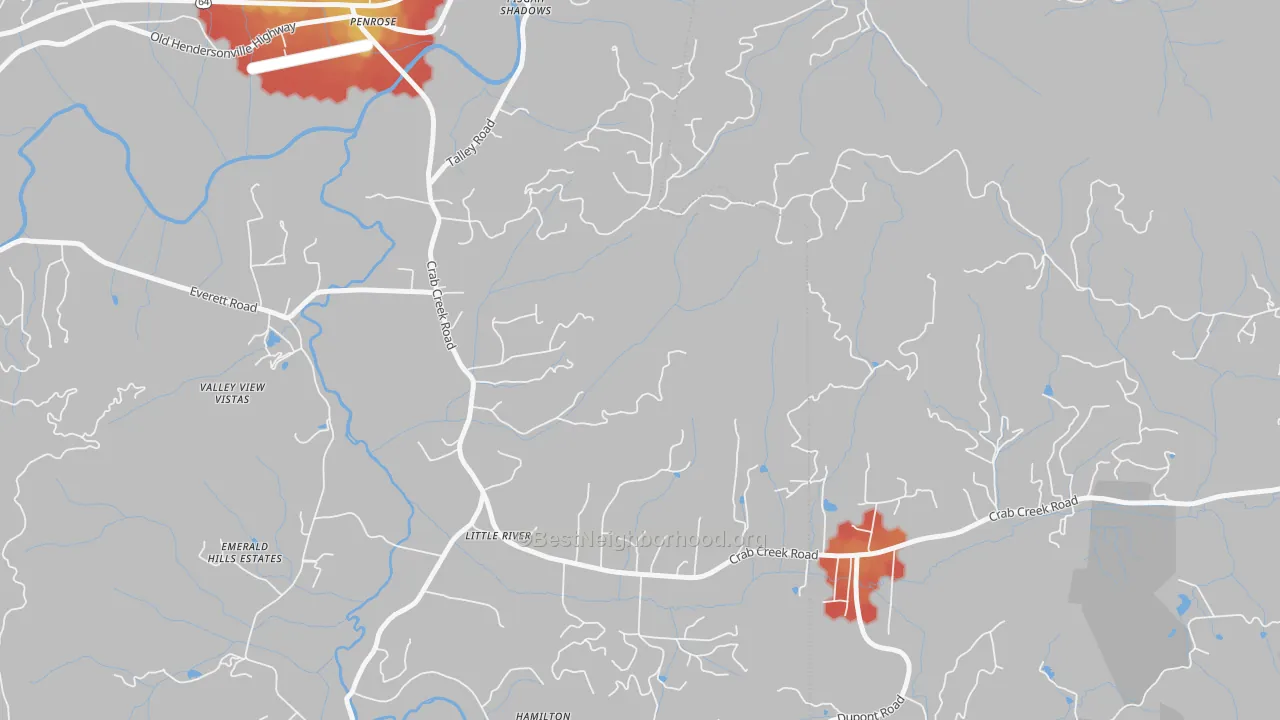 Walk Grade map of 28766, NC, walkable areas in green and car-dependent areas in red