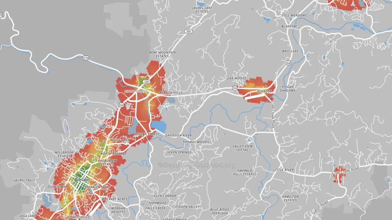Walk Grade map of 28768, NC, walkable areas in green and car-dependent areas in red