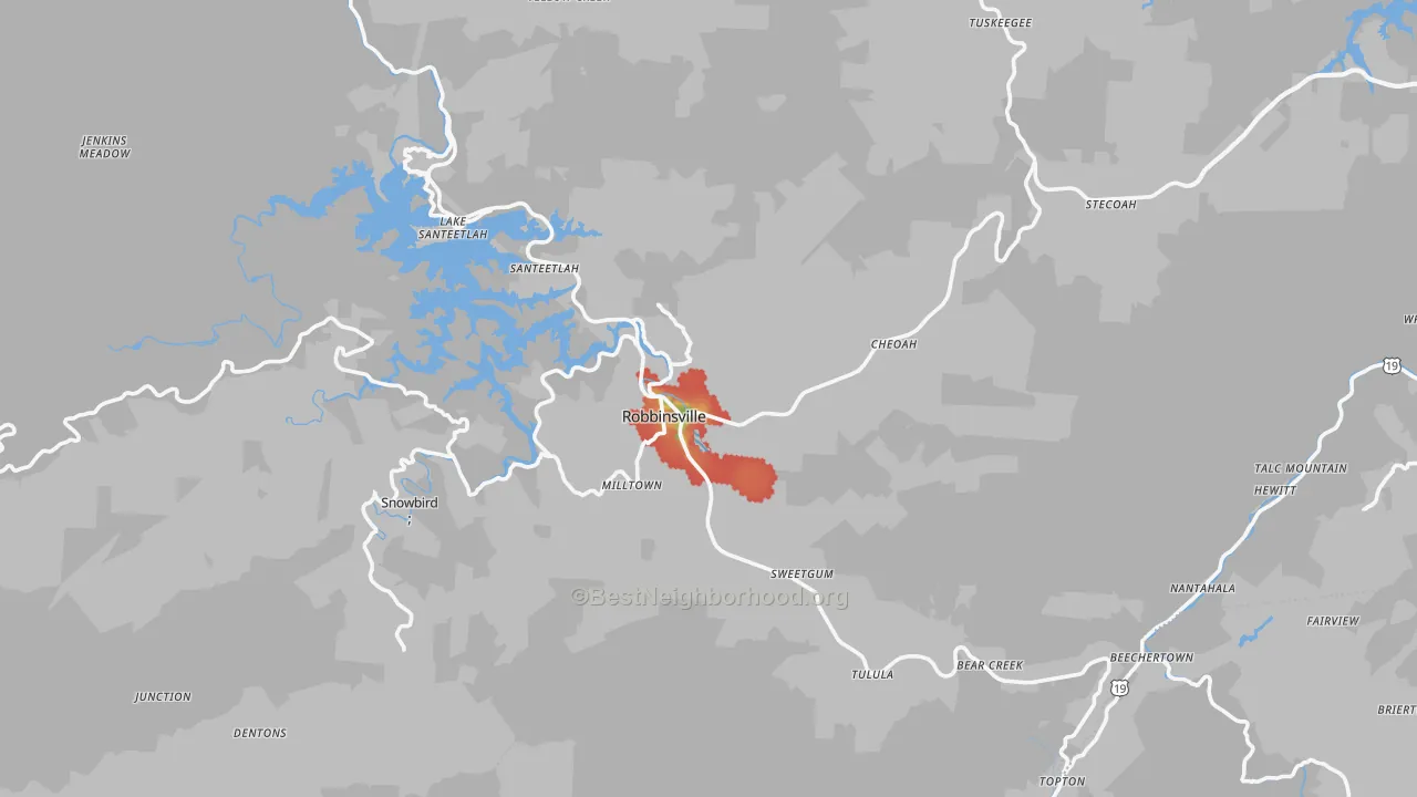Walk Grade map of 28771, NC, walkable areas in green and car-dependent areas in red