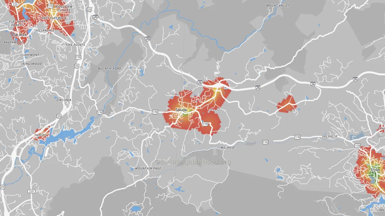 Walk Grade map of 28773, NC, walkable areas in green and car-dependent areas in red