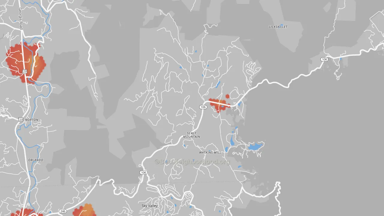 Walk Grade map of 28775, NC, walkable areas in green and car-dependent areas in red