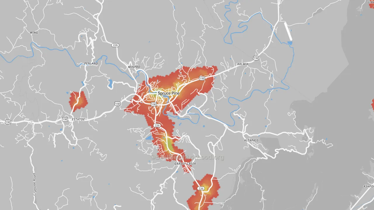 Walk Grade map of 28777, NC, walkable areas in green and car-dependent areas in red