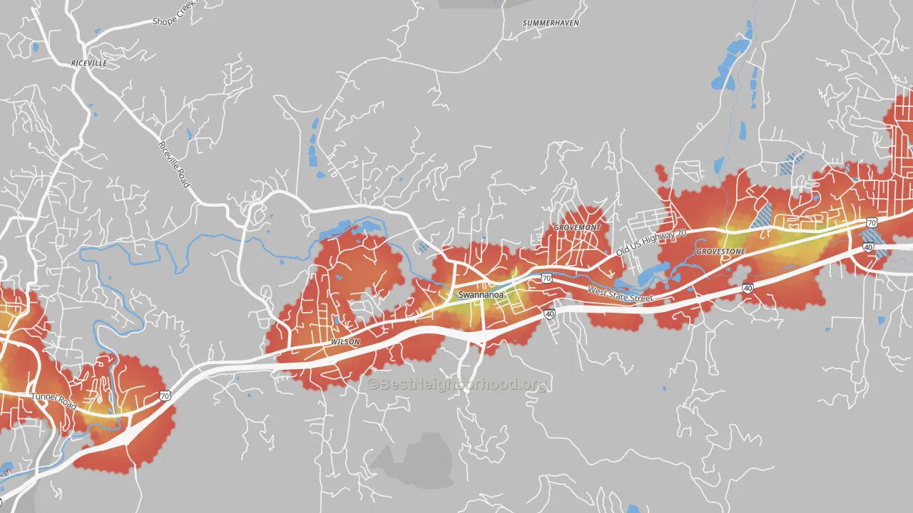 Walk Grade map of 28778, NC, walkable areas in green and car-dependent areas in red