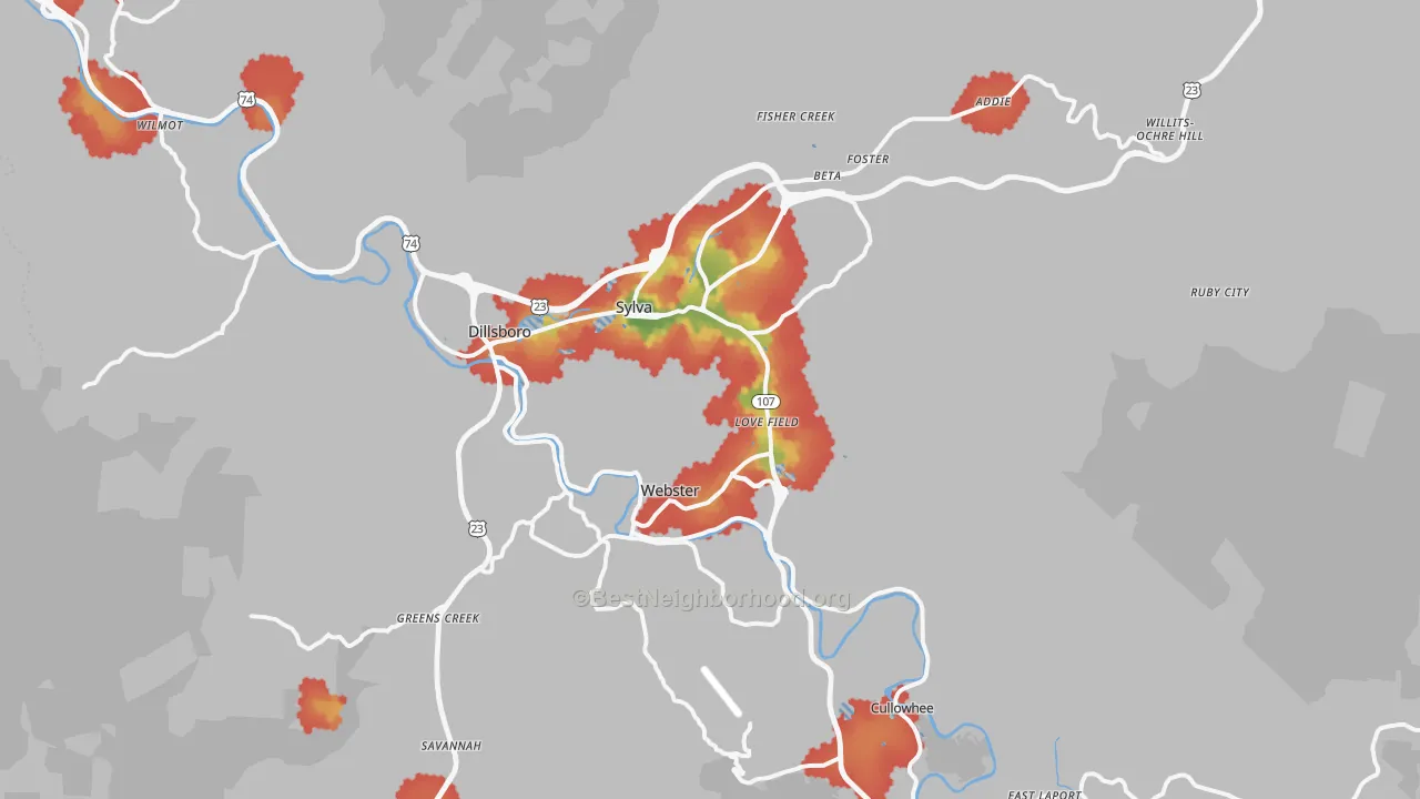 Walk Grade map of 28779, NC, walkable areas in green and car-dependent areas in red