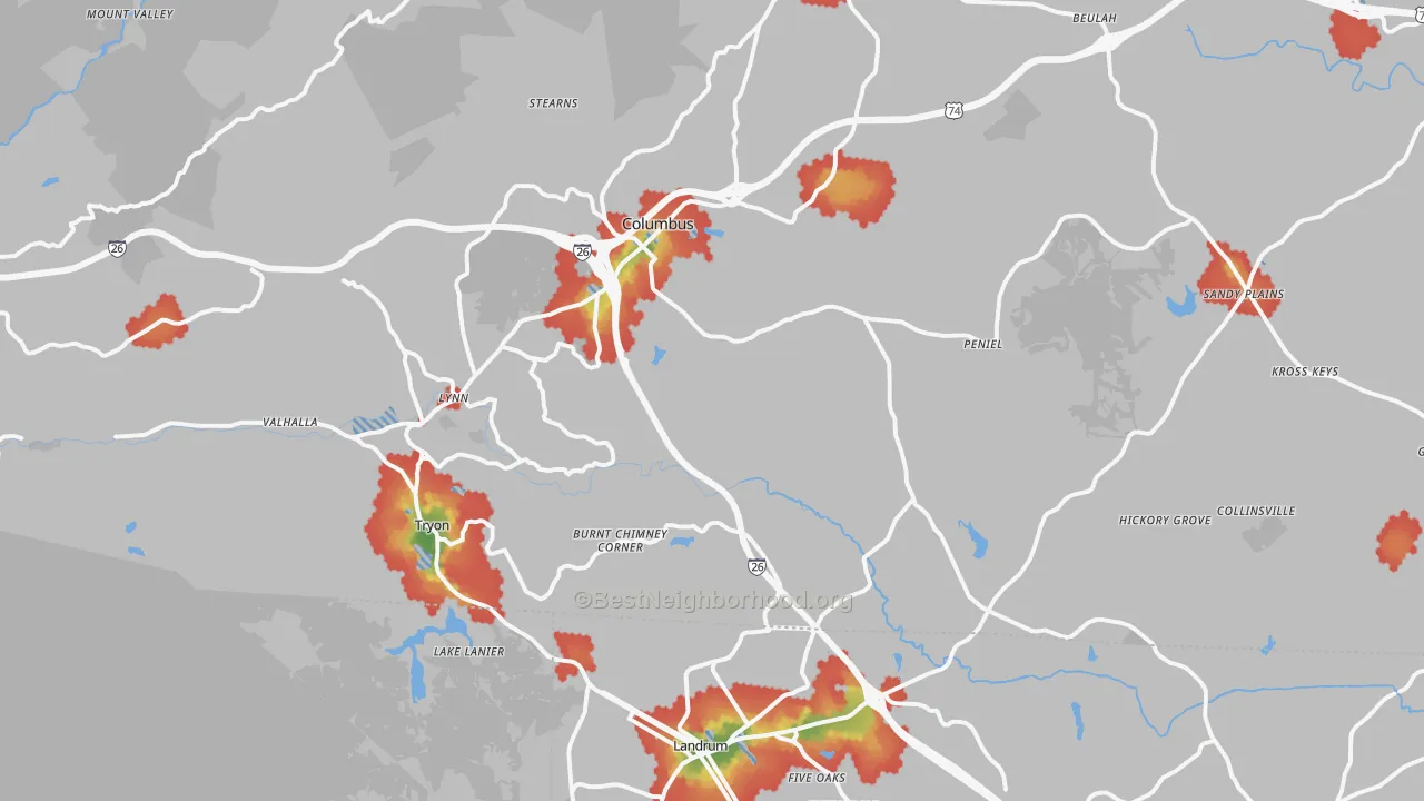 Walk Grade map of 28782, NC, walkable areas in green and car-dependent areas in red