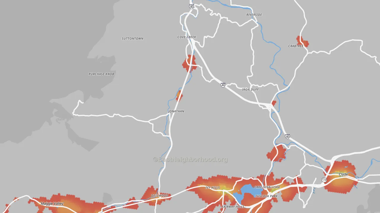Walk Grade map of 28785, NC, walkable areas in green and car-dependent areas in red