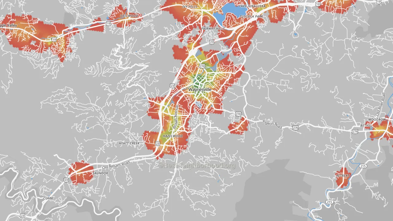 Walk Grade map of 28786, NC, walkable areas in green and car-dependent areas in red
