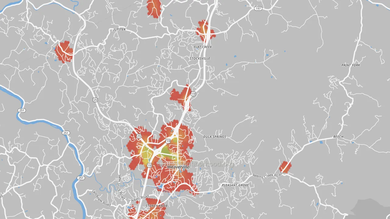 Walk Grade map of 28787, NC, walkable areas in green and car-dependent areas in red