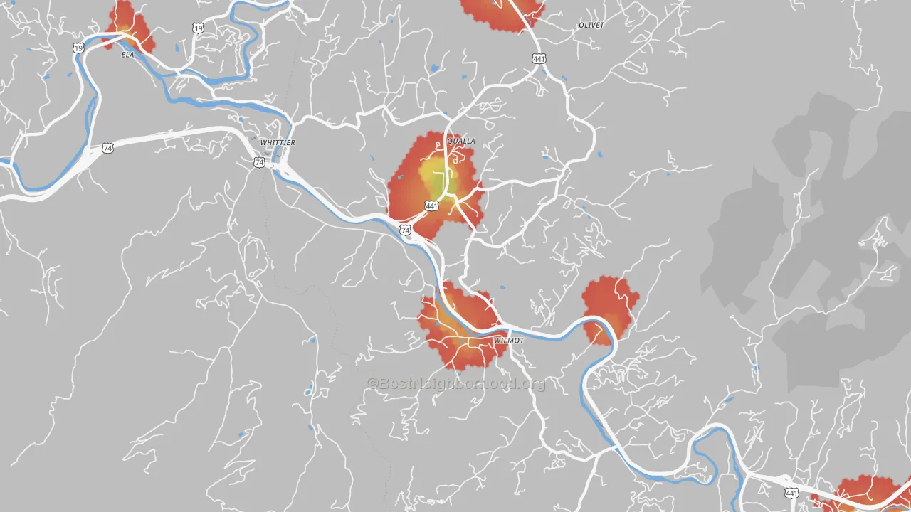 Walk Grade map of 28789, NC, walkable areas in green and car-dependent areas in red