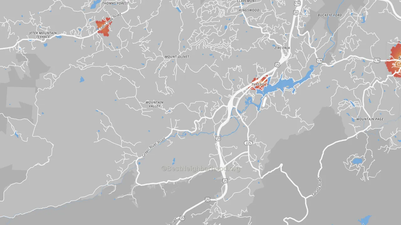 Walk Grade map of 28790, NC, walkable areas in green and car-dependent areas in red