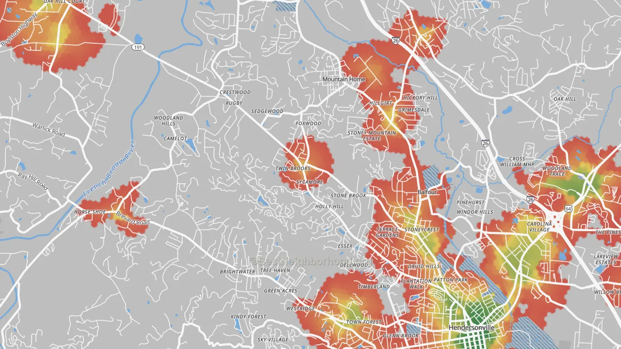 Walk Grade map of 28791, NC, walkable areas in green and car-dependent areas in red