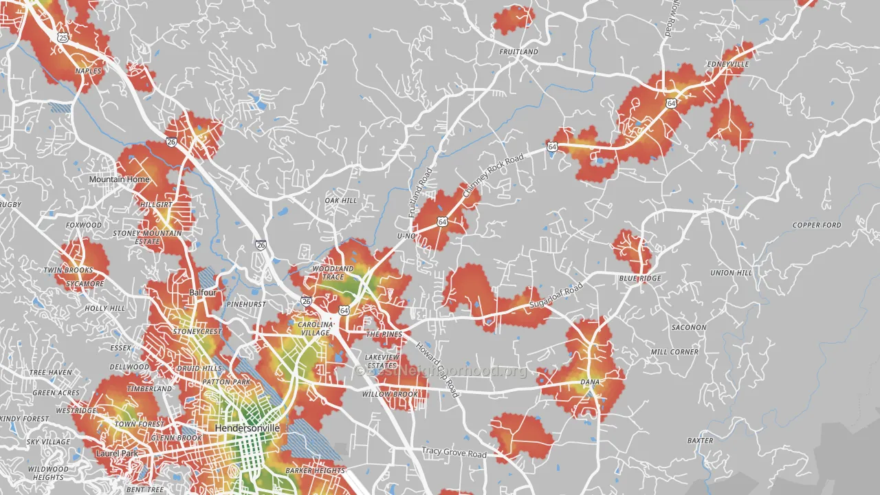 Walk Grade map of 28792, NC, walkable areas in green and car-dependent areas in red