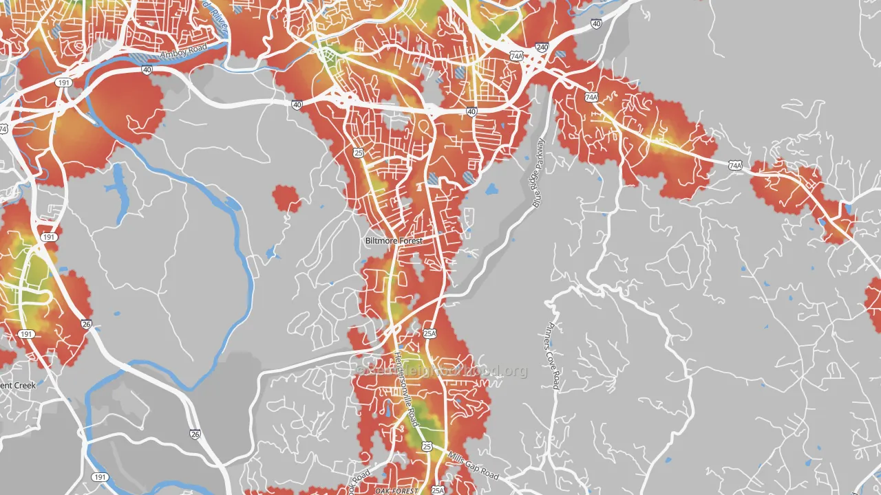 Walk Grade map of 28803, NC, walkable areas in green and car-dependent areas in red