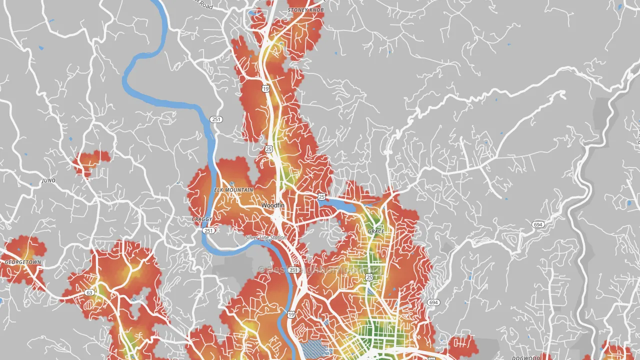 Walk Grade map of 28804, NC, walkable areas in green and car-dependent areas in red