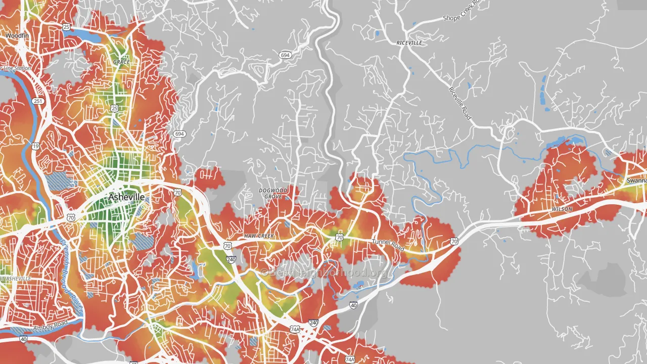 Walk Grade map of 28805, NC, walkable areas in green and car-dependent areas in red