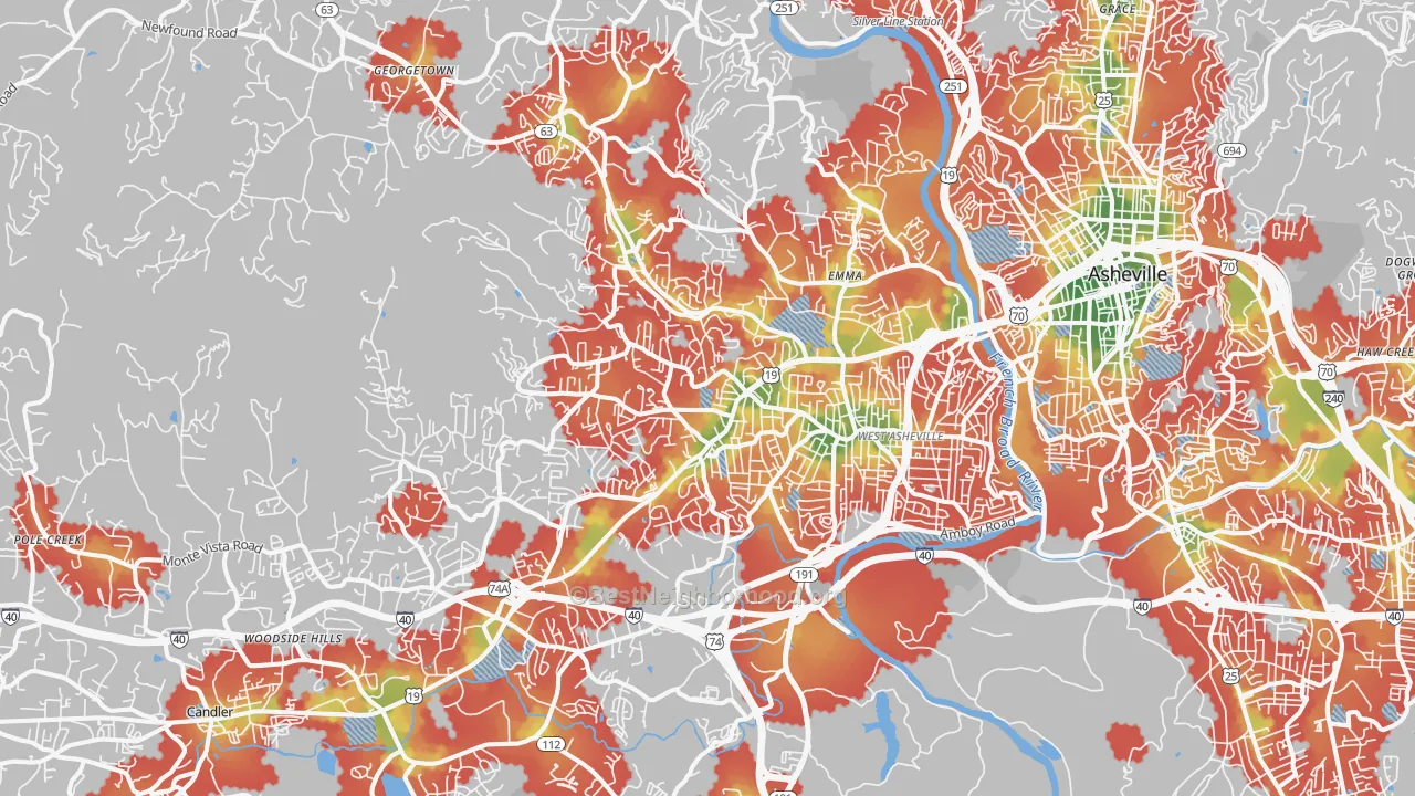 Walk Grade map of 28806, NC, walkable areas in green and car-dependent areas in red