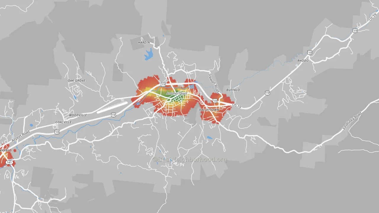 Walk Grade map of 28901, NC, walkable areas in green and car-dependent areas in red