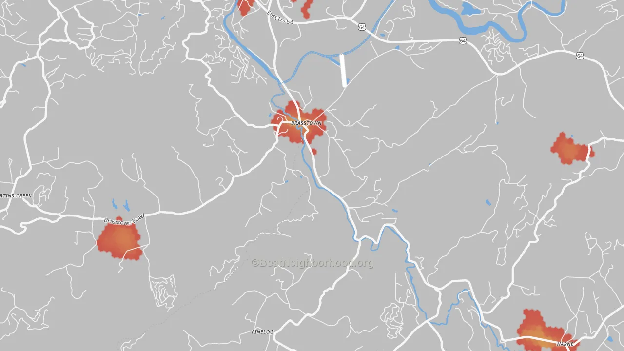 Walk Grade map of 28902, NC, walkable areas in green and car-dependent areas in red