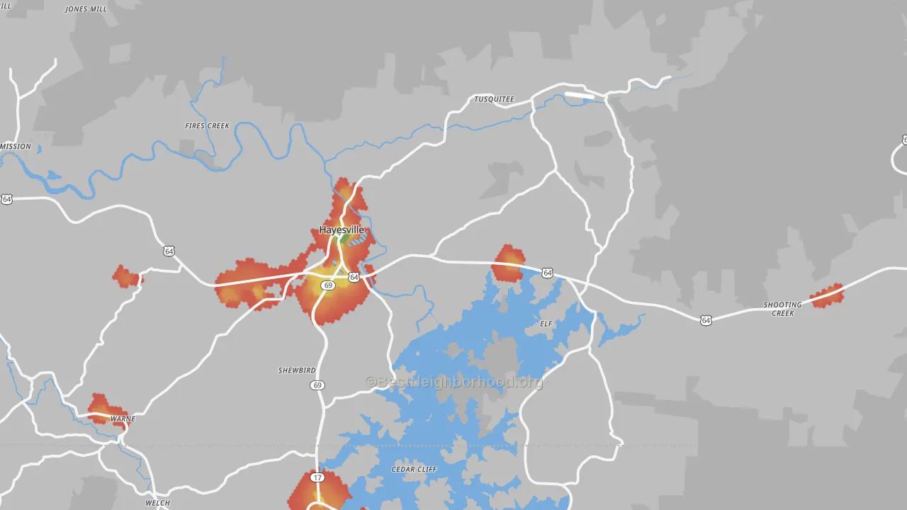 Walk Grade map of 28904, NC, walkable areas in green and car-dependent areas in red