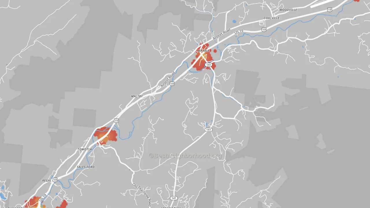 Walk Grade map of 28905, NC, walkable areas in green and car-dependent areas in red