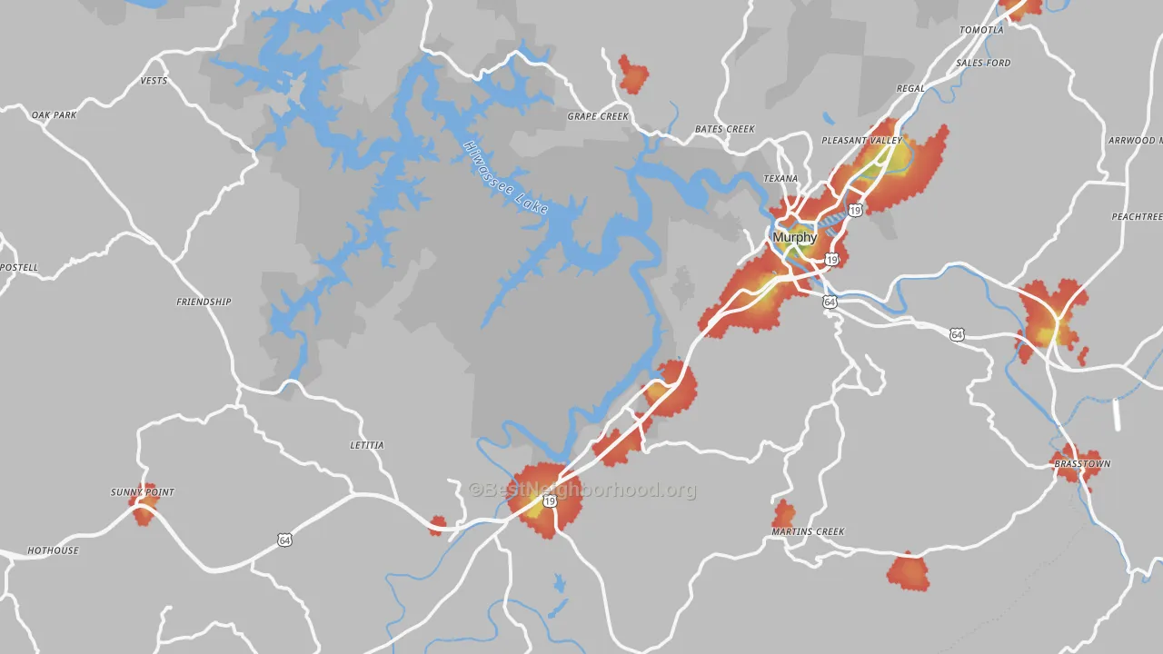 Walk Grade map of 28906, NC, walkable areas in green and car-dependent areas in red