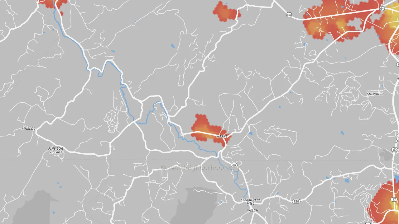 Walk Grade map of 28909, NC, walkable areas in green and car-dependent areas in red