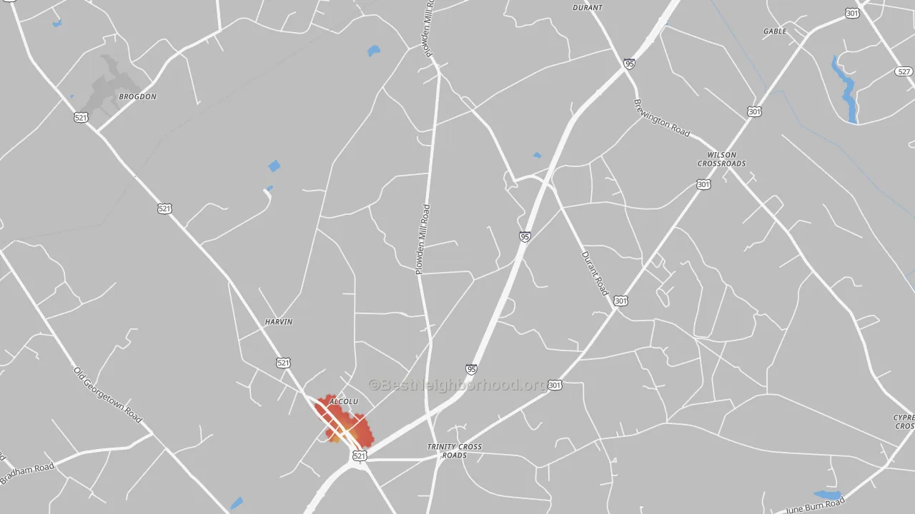 Walk Grade map of 29001, SC, walkable areas in green and car-dependent areas in red