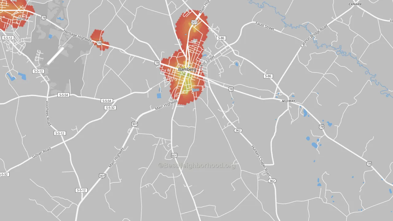 Walk Grade map of 29003, SC, walkable areas in green and car-dependent areas in red