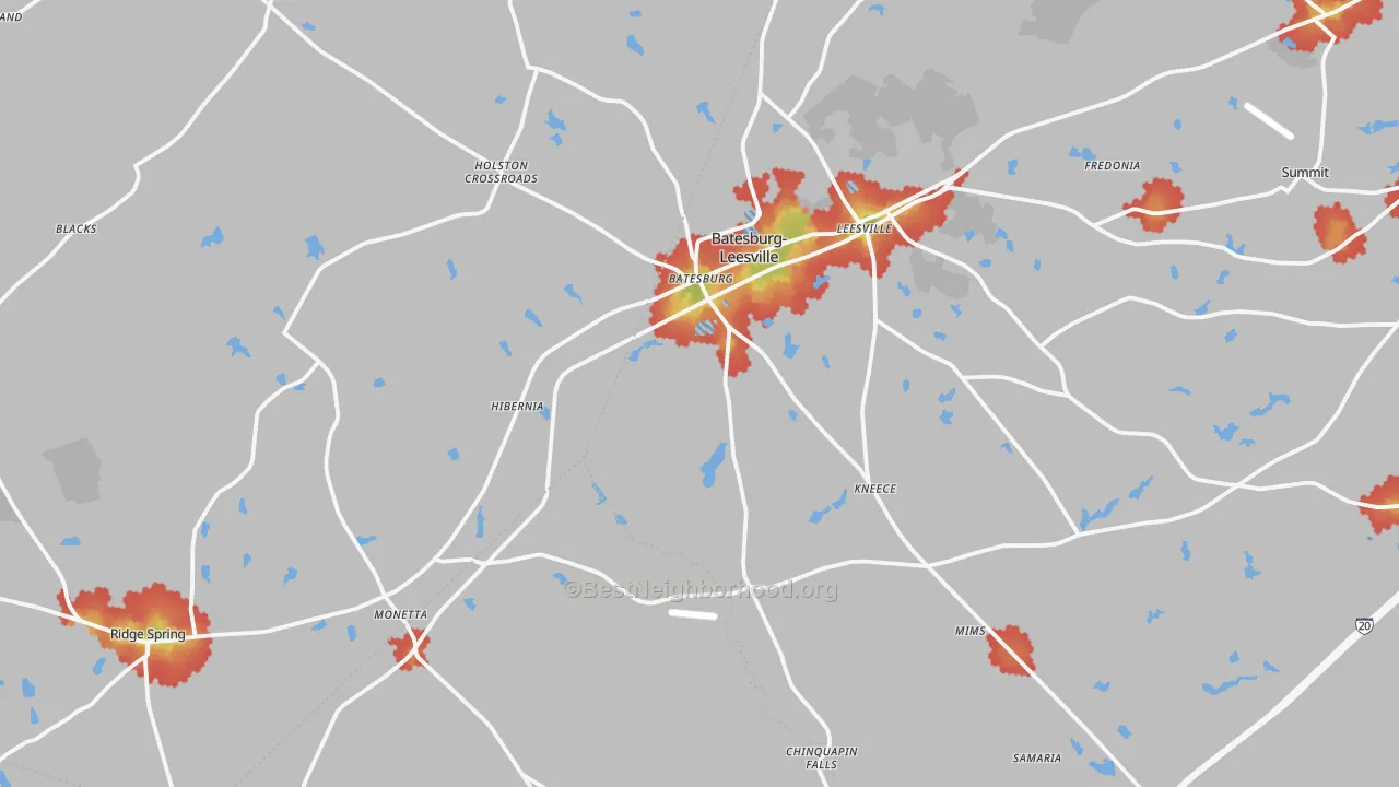 Walk Grade map of 29006, SC, walkable areas in green and car-dependent areas in red