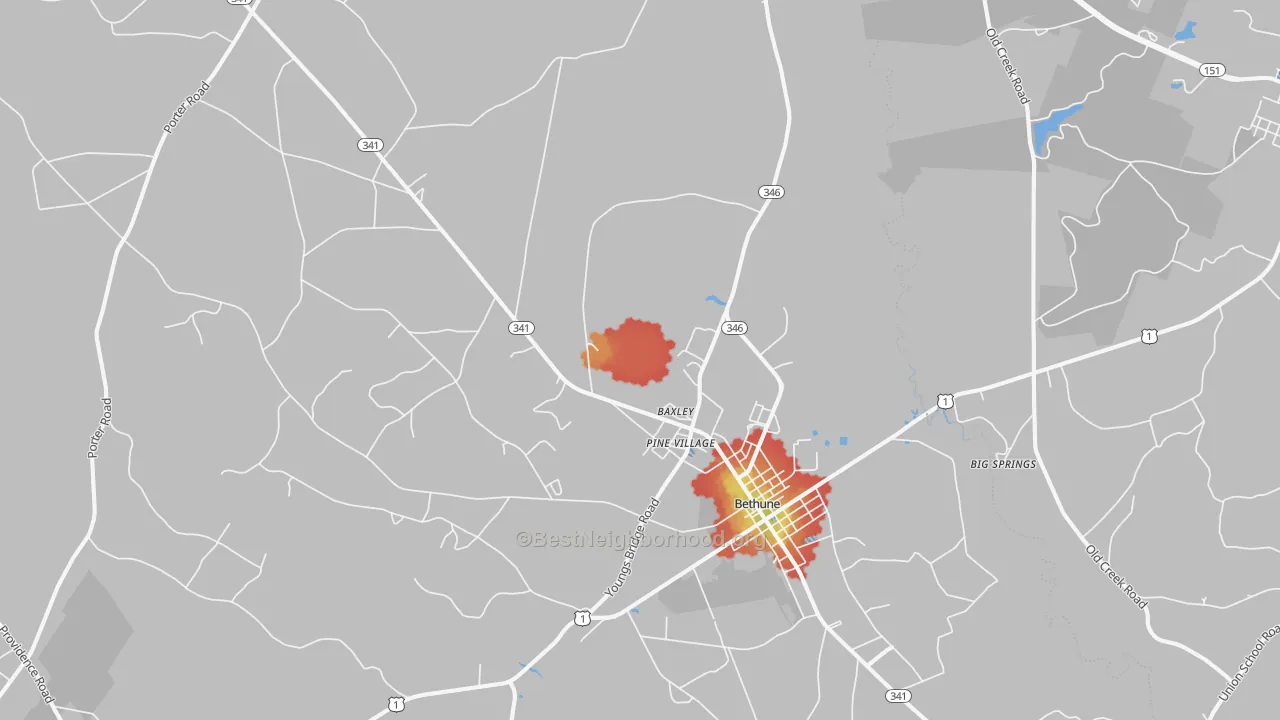 Walk Grade map of 29009, SC, walkable areas in green and car-dependent areas in red