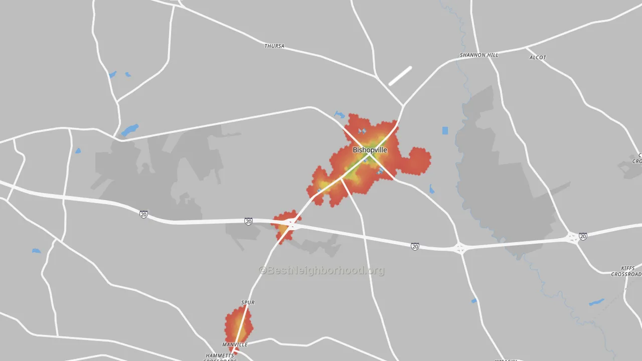 Walk Grade map of 29010, SC, walkable areas in green and car-dependent areas in red