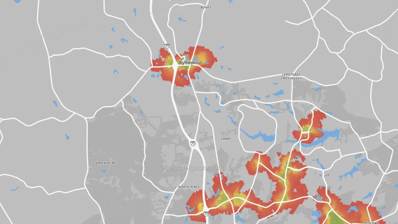 Walk Grade map of 29016, SC, walkable areas in green and car-dependent areas in red