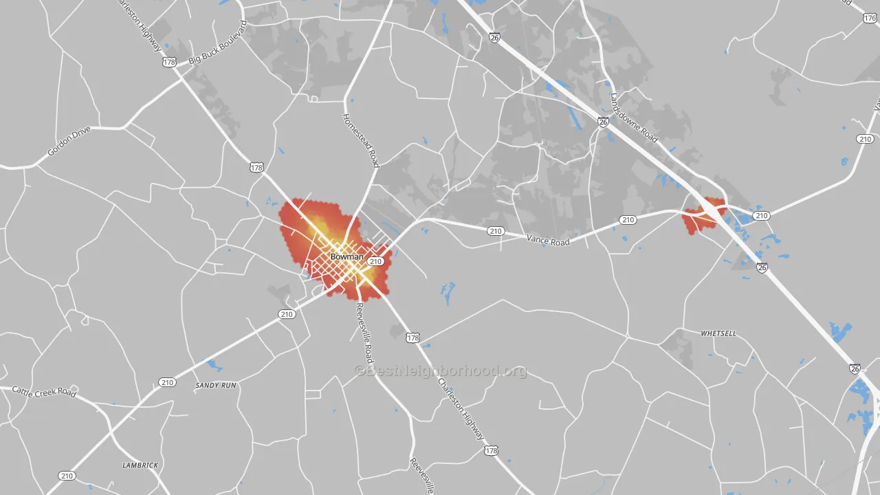 Walk Grade map of 29018, SC, walkable areas in green and car-dependent areas in red