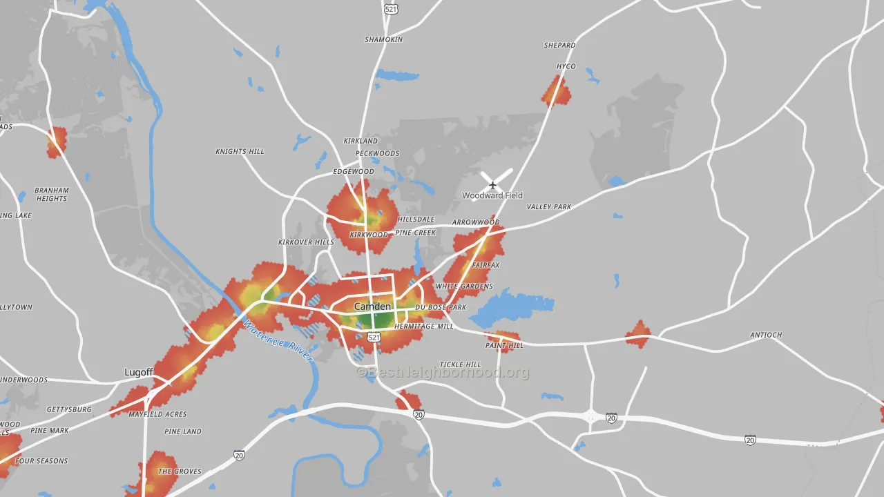 Walk Grade map of 29020, SC, walkable areas in green and car-dependent areas in red
