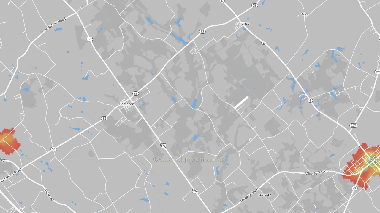 Walk Grade map of 29030, SC, walkable areas in green and car-dependent areas in red