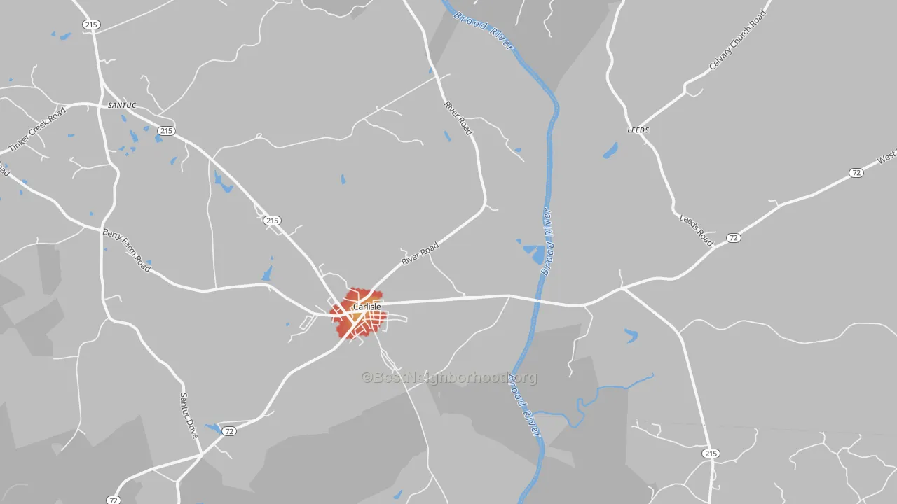 Walk Grade map of 29031, SC, walkable areas in green and car-dependent areas in red