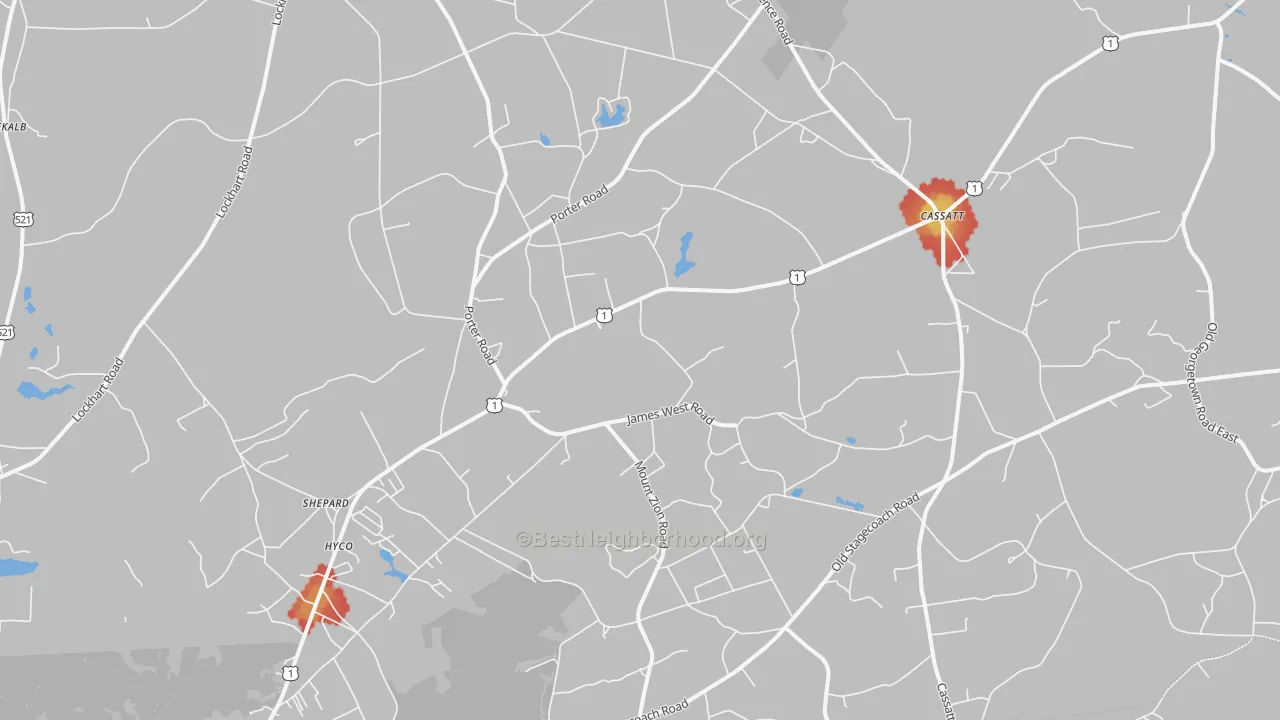 Walk Grade map of 29032, SC, walkable areas in green and car-dependent areas in red