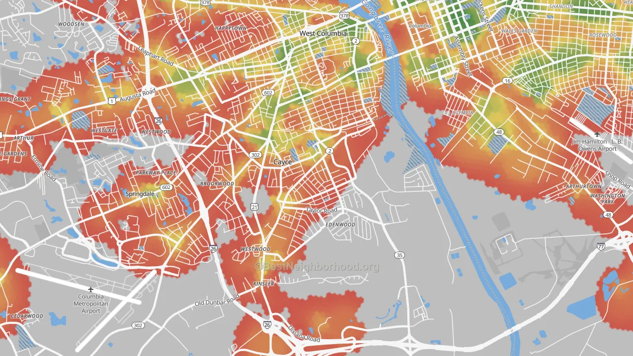 Walk Grade map of 29033, SC, walkable areas in green and car-dependent areas in red