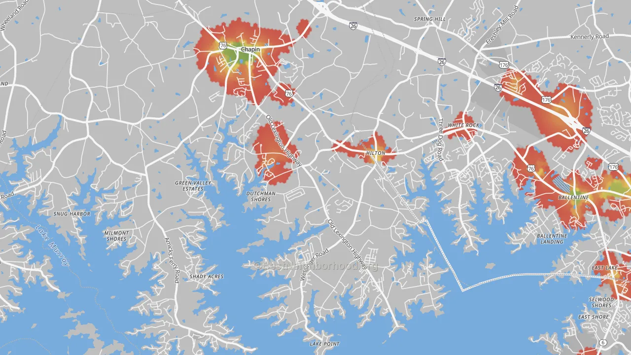 Walk Grade map of 29036, SC, walkable areas in green and car-dependent areas in red