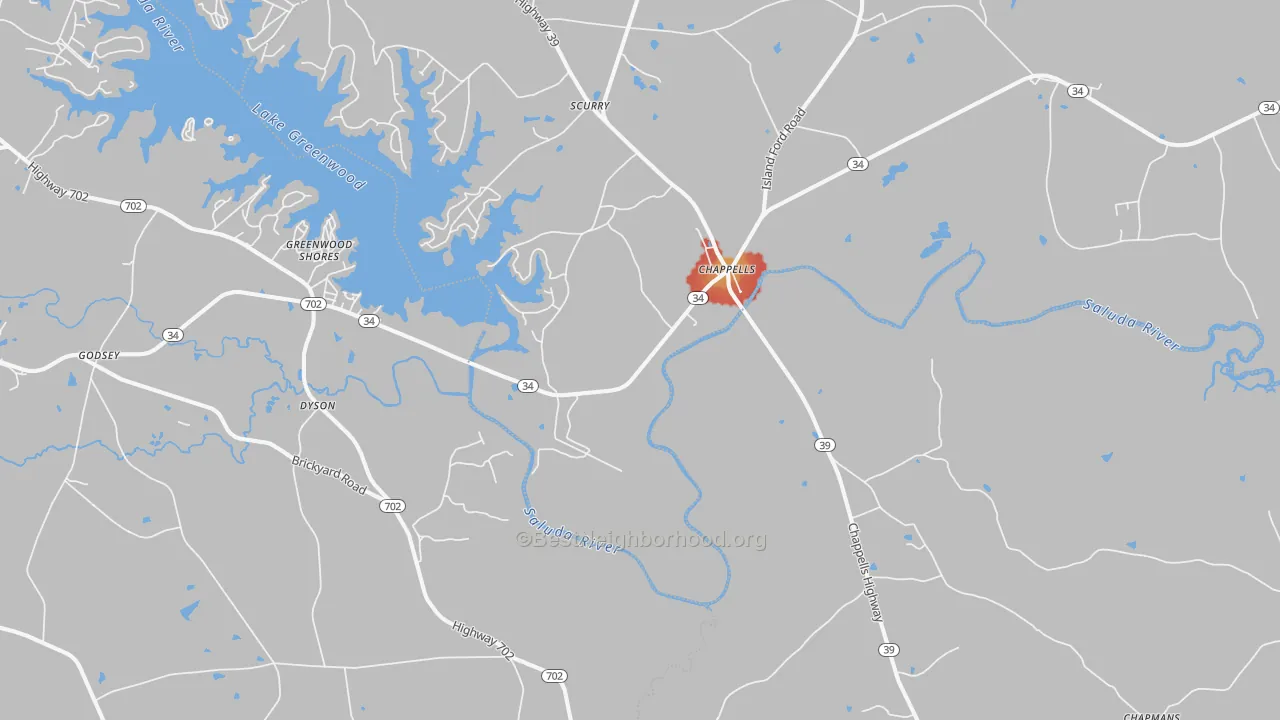 Walk Grade map of 29037, SC, walkable areas in green and car-dependent areas in red