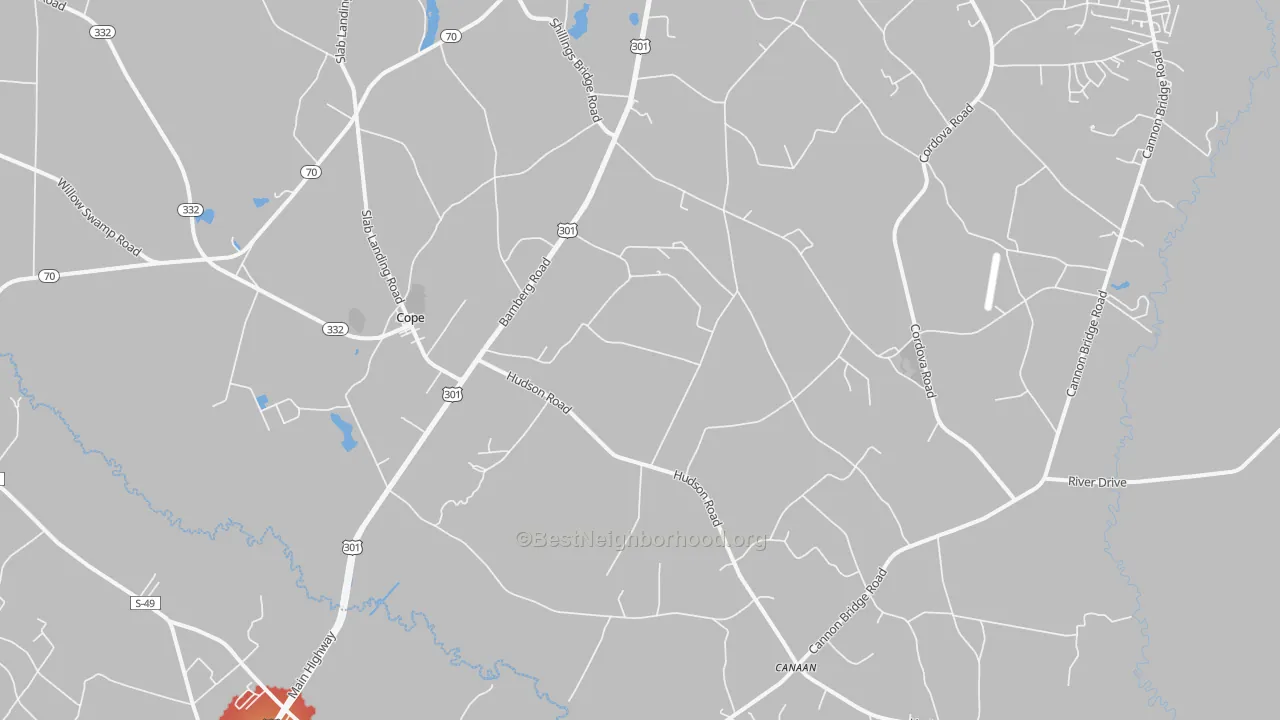 Walk Grade map of 29038, SC, walkable areas in green and car-dependent areas in red